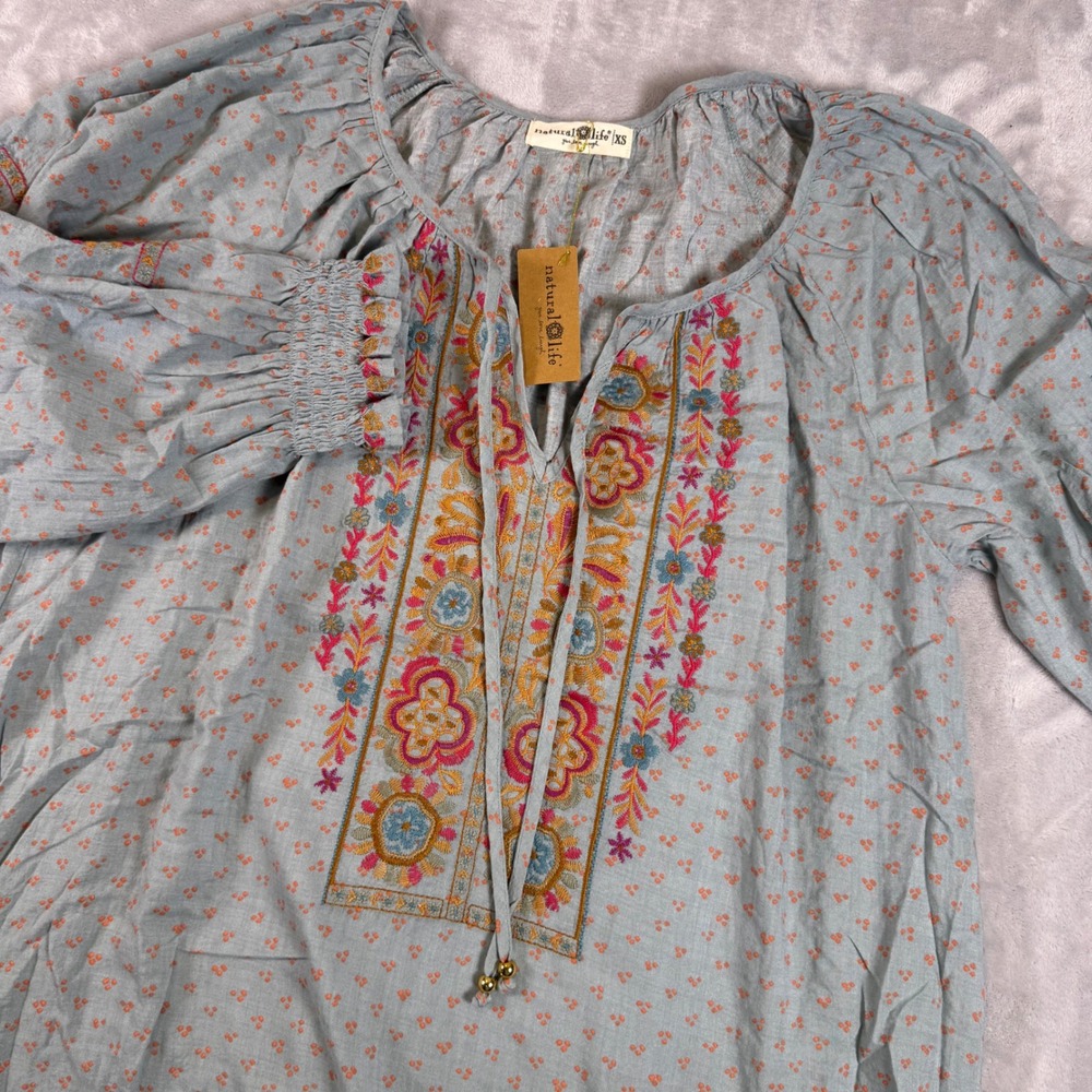 Natural Life Blue Embroidered Boho Tunic Dress Womens XS Ditsy Floral Smocked